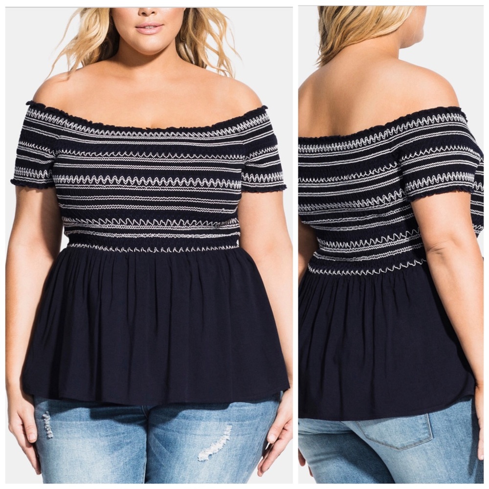 City Chic Navy Smocked Off Shoulder Top Size 18